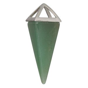 Green aventurine / "pewter" (zinc-based alloy) 1pkg1, imitation rhodium-finished hand-cut 4-sided point focal natural 36x15mm-42x15mm