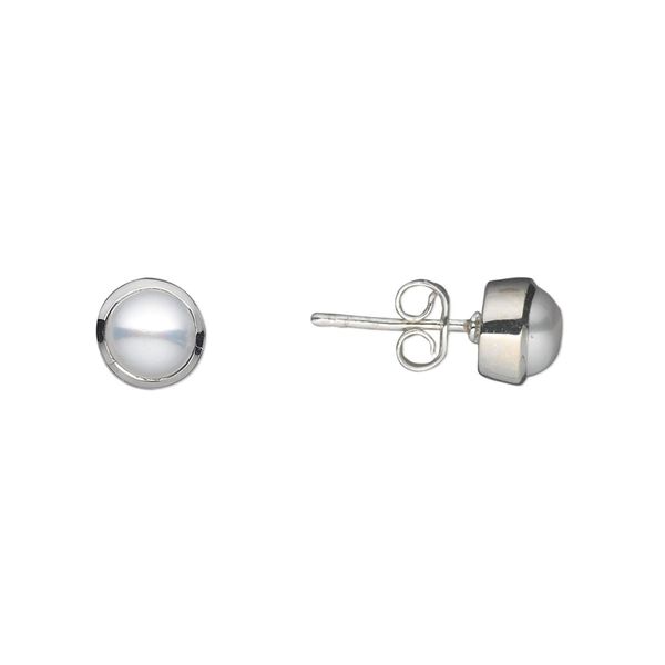 Earstud, cultured freshwater pearl (bleached) and sterling silver, white, 7mm with 6mm round and post. Sold per pair. image number 0
