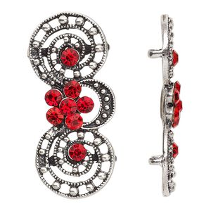 Spacer, antiqued silver-finished "pewter" (zinc-based alloy) and Czech glass rhinestone, light Siam, 39x17mm 2-strand fancy double circle. Sold per pkg of 4.