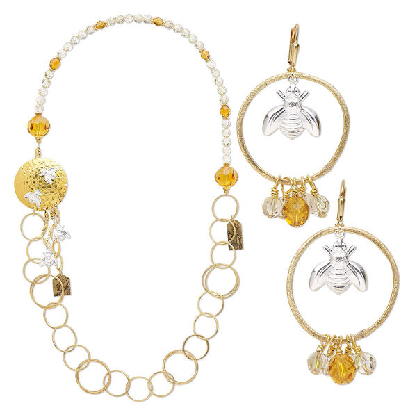 Necklace and earring set, One of a Kind Jewelry, gold-plated brass / crystal / glass, crystal golden shadow and honey, 30-inch necklace. Only one available. image number 0