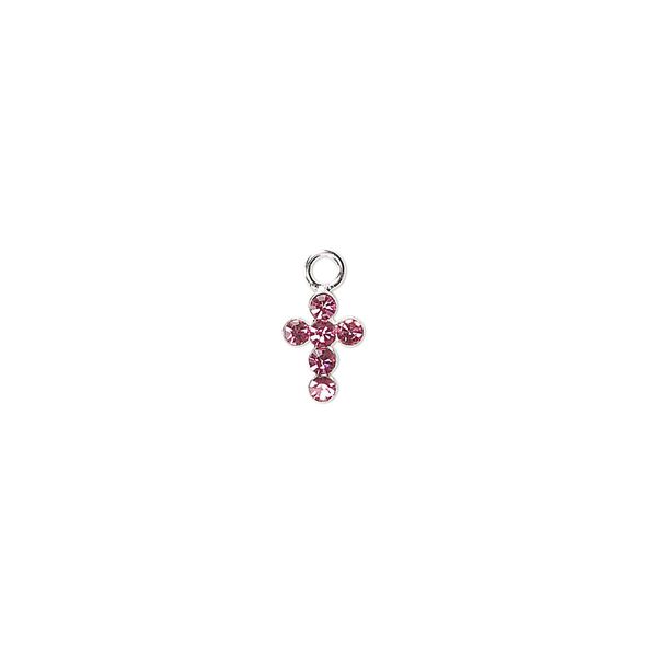 Drop, Preciosa Czech crystals and sterling silver, rose, 7x5mm cross. Sold per pkg of 2. image number 0