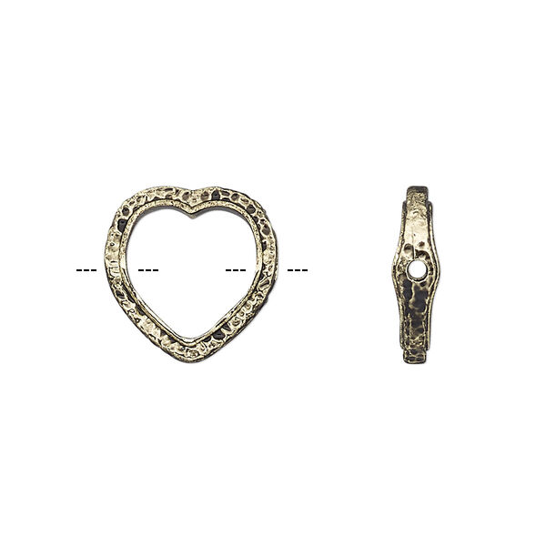 Bead frame, antique gold-finished "pewter" (zinc-based alloy), 14mm open heart with hammered edge, fits up to 10mm bead. Sold per pkg of 2. image number 0