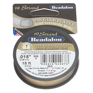 Wire, Beadalon® 1pkg1, nylon and gold-plated stainless steel, 19 strand, 0.015-inch diameter, 15 feet.