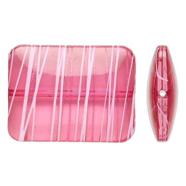 Bead, acrylic, semitransparent fuchsia and white, 40x30mm puffed rectangle with painted line design. Sold per pkg of 12. image number 0