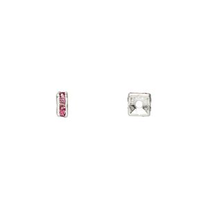 Bead, glass rhinestone and silver-plated brass, rose, 4x2mm squaredelle. Sold per pkg of 10.
