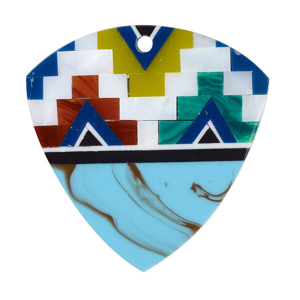Focal, mother-of-pearl shell and resin, turquoise blue / yellow / dark green, 31mm single-sided flat shield. Sold individually. image number 0