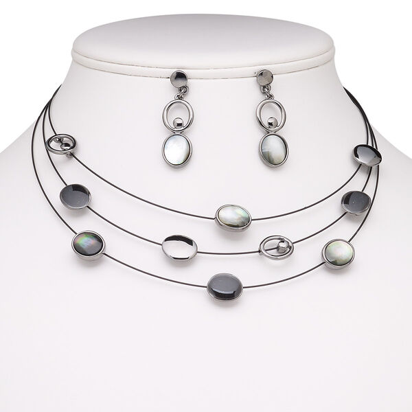 Necklace and earring set, 3-strand, black lip shell (natural) / stainless steel / gunmetal-finished brass / steel / "pewter" (zinc-based alloy), black, oval, 15" to 16" strand necklace with 2-inch extender chain and lobster claw clasp, 39mm earrings with post. Sold per set. image number 0