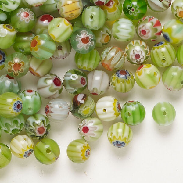 Bead, millefiori glass 1pkg2oz, translucent green and multicolored, 6mm round. image number 0