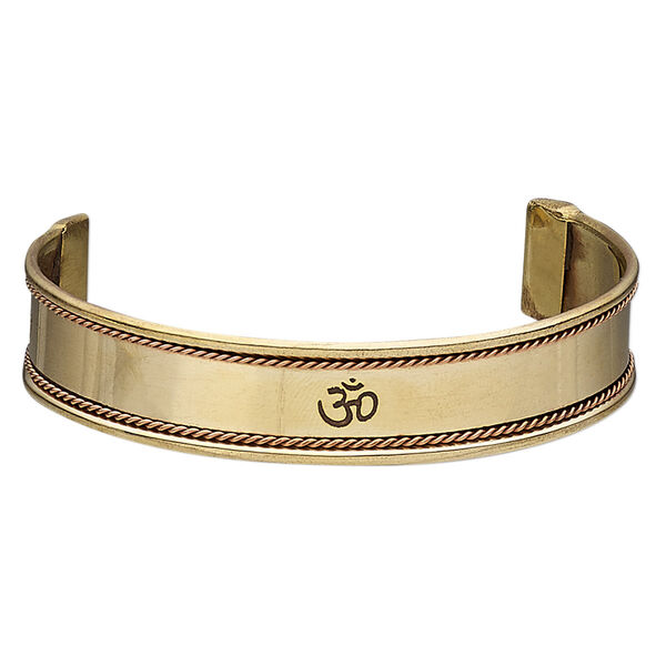 Bracelet, cuff, antiqued copper and brass, 16mm wide with twisted wire and etched Om symbol, 8 inches. Sold individually. image number 0