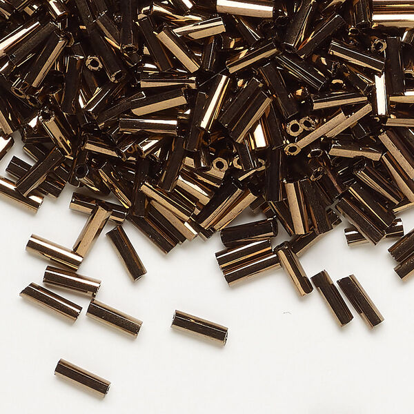 Bugle bead, Dyna-Mites™, glass, opaque iris bronze, #3 hex 2-cut. Sold per 35-gram pkg. image number 0