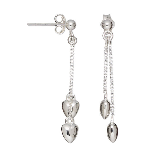 Earring, sterling silver, 33mm with 3mm ball and 5mm heart. Sold per pair. image number 0