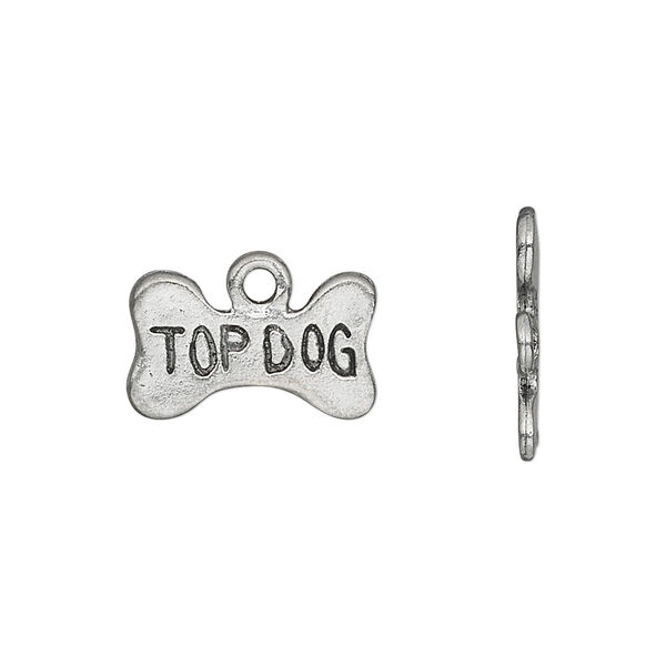 Charm, pewter (tin-based alloy), pkg/1, antiqued, 16.5x10mm dog bone with "TOP DOG." image number 0