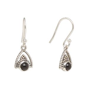 Earring, Create Compliments®, antiqued sterling silver and black onyx (dyed), fishhook, 24.5mm with 11x9mm single-sided beaded arrowhead, 21 gauge. Sold per pair.