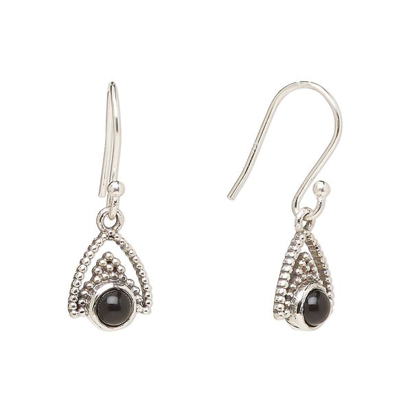 Earring, Create Compliments®, antiqued sterling silver and black onyx (dyed), fishhook, 24.5mm with 11x9mm single-sided beaded arrowhead, 21 gauge. Sold per pair. image number 0