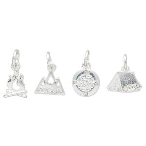Charm assortment, silver-finished "pewter" (zinc-based alloy) and glass rhinestone, clear, 8-11x7mm multi-shape, camping theme. Sold per 4-piece set.