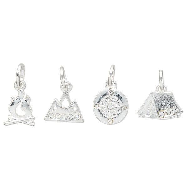 Charm assortment, silver-finished "pewter" (zinc-based alloy) and glass rhinestone, clear, 8-11x7mm multi-shape, camping theme. Sold per 4-piece set. image number 0