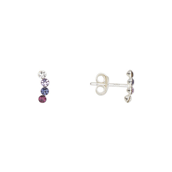 Earstud sterling silver / Preciosa crystal 1pkg2, 8.5x2.5mm right- and left-facing curved bar / earnuts included, Create Compliments® multicolored 1 pair image number 0