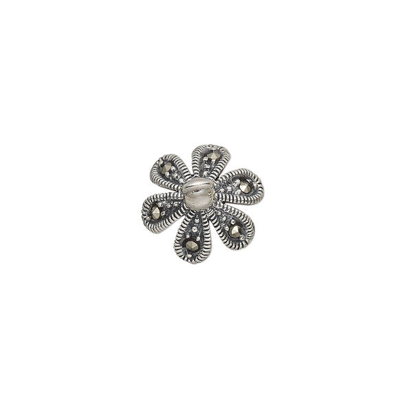Cup, marcasite (natural) and antiqued sterling silver, 13x13mm flower petal with 0.8mm twisted peg, fits 10-12mm bead. Sold individually. image number 0