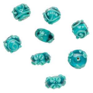 Bead assortment, lampworked glass 1pkg8, translucent turquoise blue / light blue, 19x11mm rondelle.