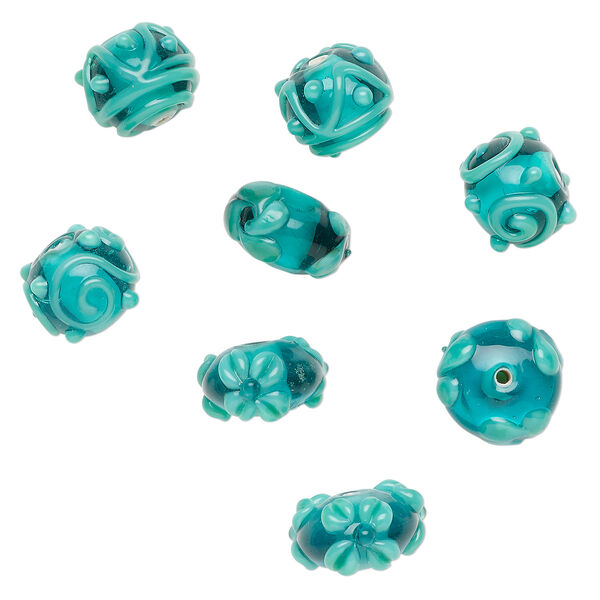 Bead assortment, lampworked glass 1pkg8, translucent turquoise blue / light blue, 19x11mm rondelle. image number 0