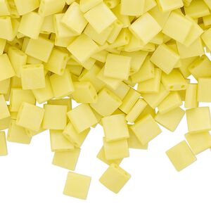 Seed bead, TILA®, glass, pkg/40g, 5mm full tila square, opaque matte rainbow yellow, (TL-404FR).