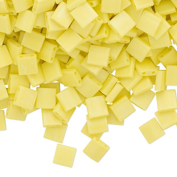 Seed bead, TILA®, glass, pkg/40g, 5mm full tila square, opaque matte rainbow yellow, (TL-404FR). image number 0
