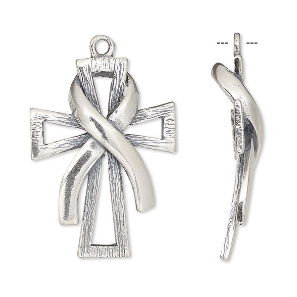 Focal, JBB Findings, antiqued sterling silver, 30x22mm single-sided cross with awareness ribbon. Sold individually. image number 0
