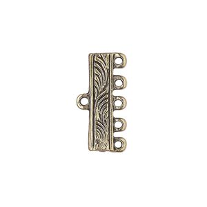 End bar, antique gold-finished "pewter" (zinc-based alloy), 21x5mm 5-strand fancy rectangle with swirl design. Sold per pkg of 10.