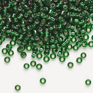 Seed bead, Miyuki, glass, pkg/250g, #8 rocaille, transparent silver-lined green, (RR-16).