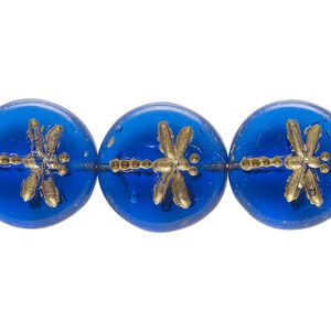 Bead, Preciosa, Czech pressed glass, translucent light cobalt blue, 17mm flat round with gold-painted dragonfly. Sold per pkg of 12.