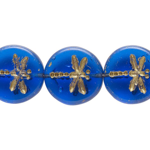 Bead, Preciosa, Czech pressed glass, translucent light cobalt blue, 17mm flat round with gold-painted dragonfly. Sold per pkg of 12. image number 0