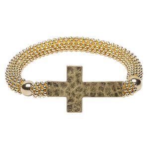 Bracelet, stretch, acrylic with gold-finished brass and "pewter" (zinc-based alloy), gold, 22mm wide with 36x22mm hammered cross, 6 inches. Sold individually.