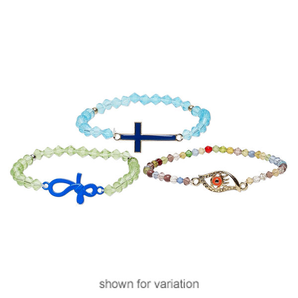 Bracelet mix, stretch, enamel / glass / silver- / gold-finished "pewter" (zinc-based alloy), multicolored, 13-17mm wide with mixed shape, 8 inches. Sold per pkg of 3. image number 2