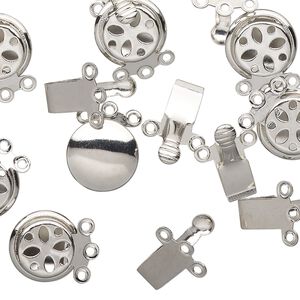 Clasp, 3-strand tab, silver-finished brass, 10mm round. Sold per pkg of 10.