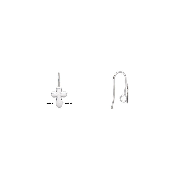 Ear wire, silver-plated brass, 16mm fishhook with 10x7mm cross and hidden open loop, 22 gauge. Sold per pkg of 5 pairs. image number 0