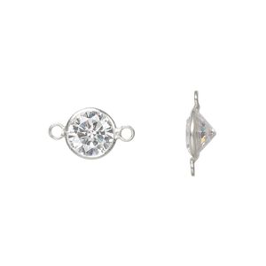 Link, cubic zirconia and sterling silver, clear, 9mm faceted round. Sold per pkg of 2.