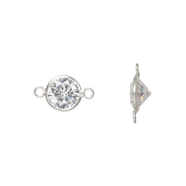 Link, cubic zirconia and sterling silver, clear, 9mm faceted round. Sold per pkg of 2. image number 0