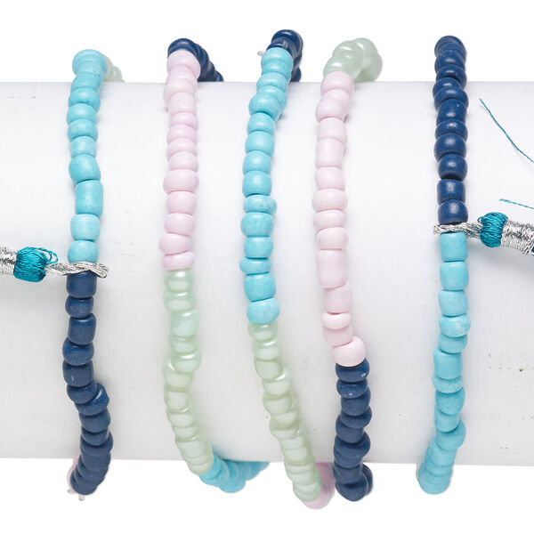 Bracelet mix, stretch, glass, pastel multicolored, #6 round with 45mm tassel, 7-1/2 inches. Sold per pkg of 5. image number 0