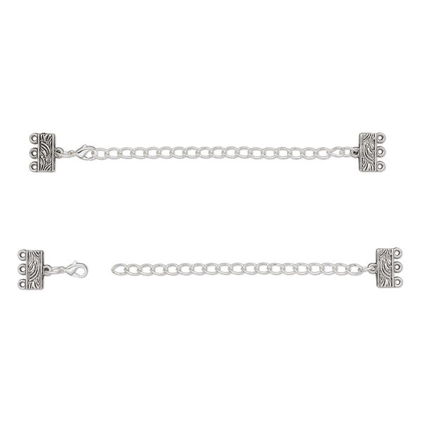 End bar, antique silver-finished "pewter" (zinc-based alloy), 32x13mm with 13x6mm 3-strand rectangle and 3-inch extender chain with lobster claw clasp. Sold per pkg of 6. image number 0
