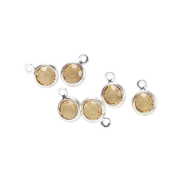 Drop, glass rhinestone and silver-finished brass, topaz yellow, 6-6.5mm faceted round. Sold per pkg of 6. image number 0