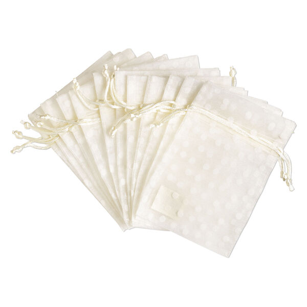 Pouch, flocked organza, ivory, 6x4 inches with dots pattern and drawstring closure. Sold per pkg of 12. image number 0