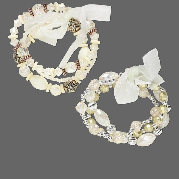 Bracelet, stretch, glass / organza ribbon / acrylic / gold- / silver-coated plastic, cream / white / clear AB, multi-shape, 6 inches. Sold per pkg of 6. image number 0