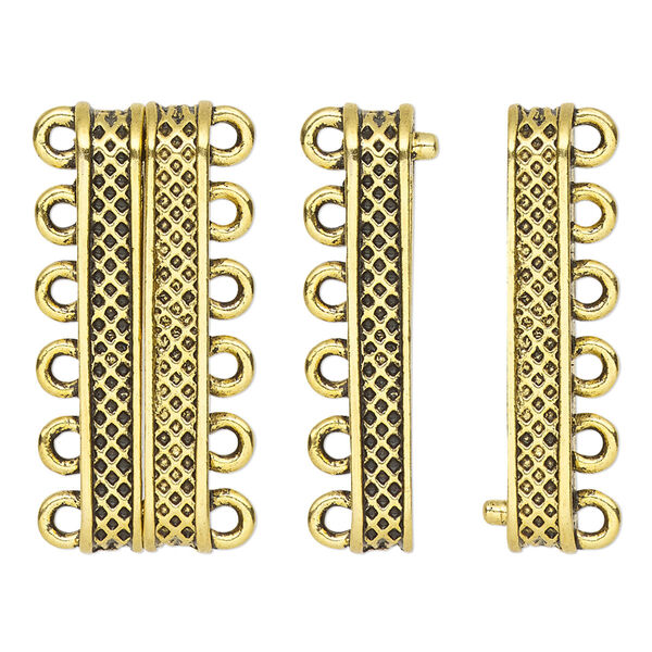 Clasp, 6-strand magnetic, antique gold-finished "pewter" (zinc-based alloy), 30.5x9mm rectangle with textured design. Sold individually. image number 0