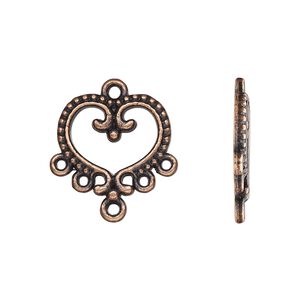 Drop, antique copper-finished "pewter" (zinc-based alloy), 17x16mm single-sided open beaded heart with 5 closed loops. Sold per pkg of 20.