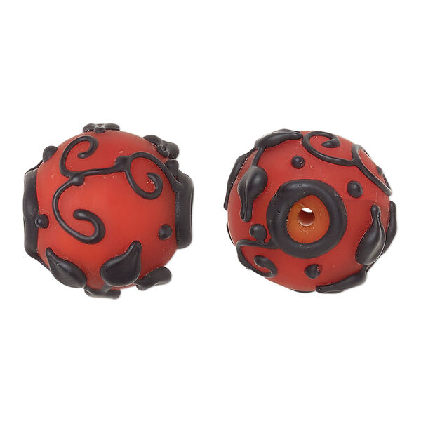 Bead, lampworked glass, opaque matte red and black with leaf and swirl design, 18mm round. Sold individually. image number 0