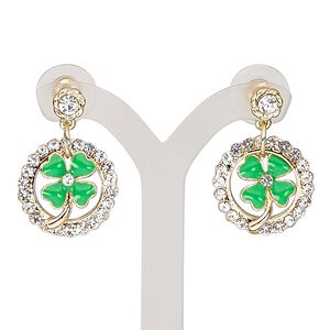 Earring, enamel / glass rhinestone / stainless steel / gold-finished "pewter" (zinc-based alloy), green and clear, 28mm with round and shamrock with post. Sold per pair.