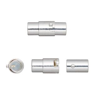Clasp, magnetic, silver-finished brass, 18x7mm locking round tube with glue-in ends. Sold per pkg of 2.
