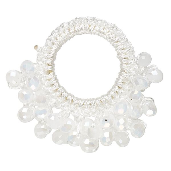 Focal, glass / nylon / steel, white AB, 34x32mm-37x34mm open round with fringe. Sold per pkg of 4. image number 0
