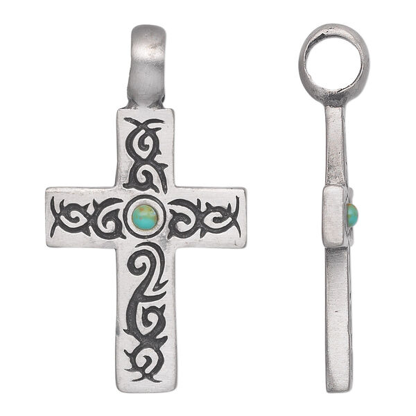 Pendant, antiqued pewter (tin-based alloy), "turquoise" (imitation) resin, blue, 48x26mm single-sided cross. Sold individually. image number 0