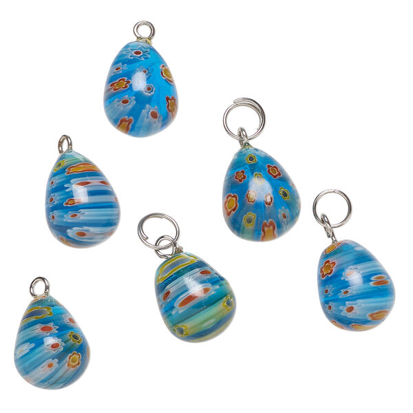 Drop mix, millefiori glass and silver-finished steel 1pkg6, translucent aqua and multicolored, 20x12mm-22x13mm teardrop. image number 0